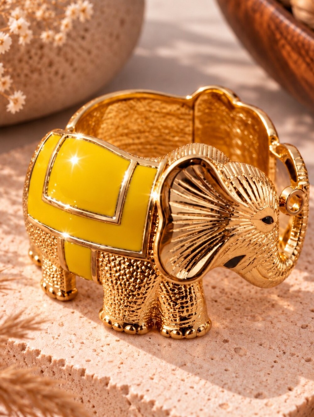 Statement Elephant Hinged Cuff Bracelet – Yellow Enamel & Gold Tone NWOT
